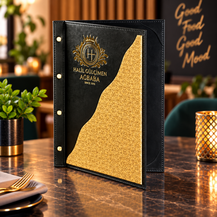 Altın V Detaylı Vidalı Logo Baskılı Deri Restoran Menüsü